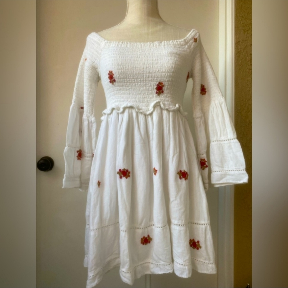 Free People White Dress with Red Floral Embroidery